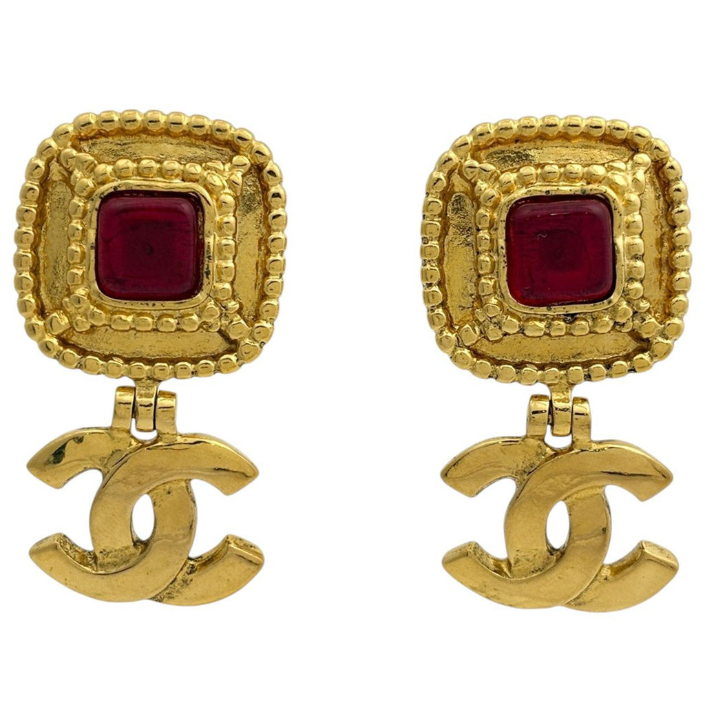 Chanel CC Logo Color Stone Earrings Swing Gripoix Gold Plated