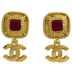 Chanel CC Logo Color Stone Earrings Swing Gripoix Gold Plated