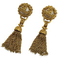 Chanel CC Logo Faux Pearl Earrings Swing Tassel Gold Plated