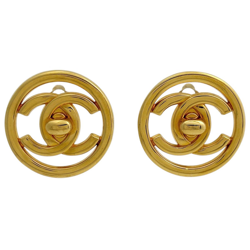 Chanel CC Logo Round Earrings Turnlock Gold Plated