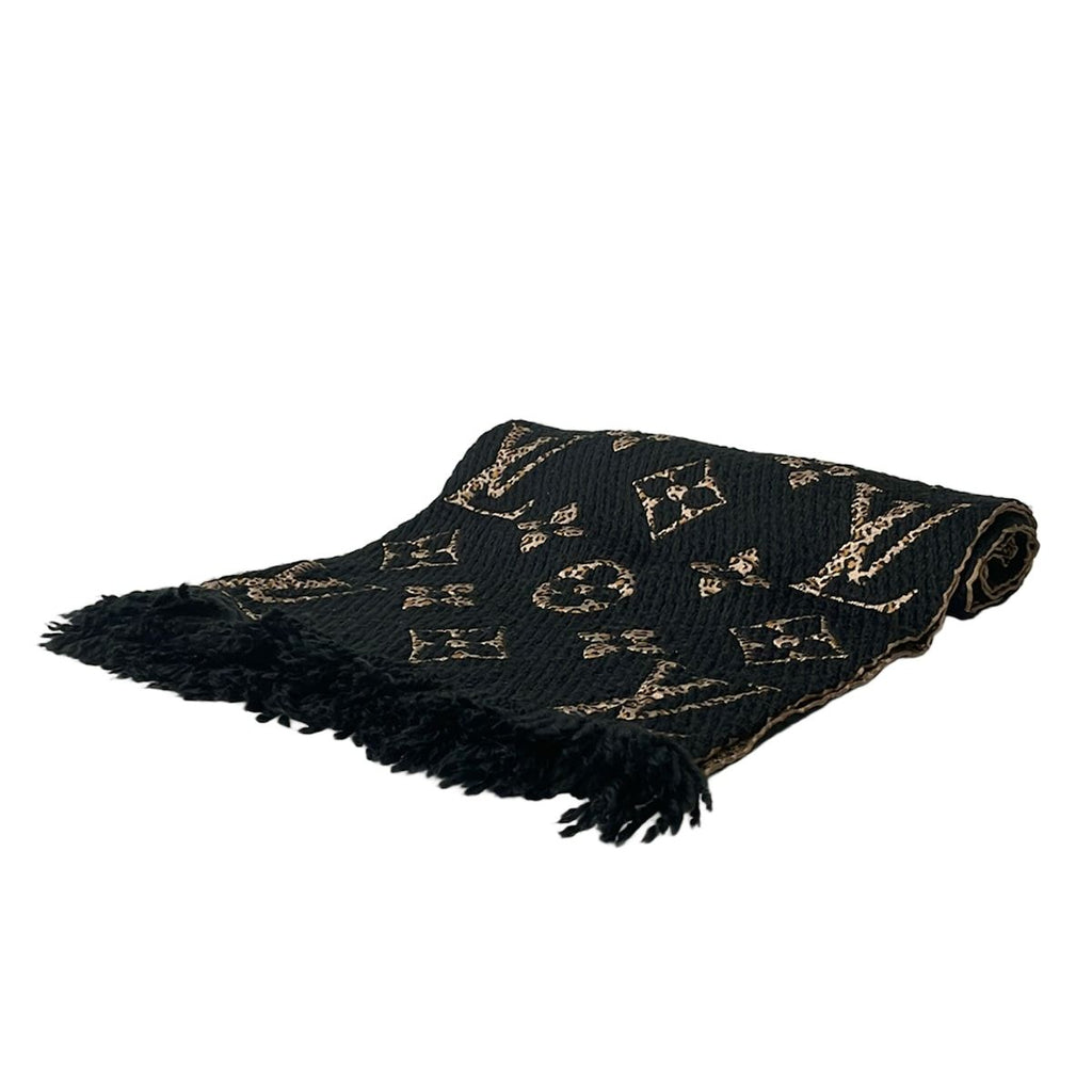 Louis Vuitton Scarf Escharbe Giant Monogram Jungle Black Beige Leopard Wool Silk
