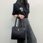 Chanel CC Logo Tote Shoulder Bag Caviar Leather Black Silver Vintage — view 2