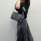 Bottega Veneta Intrecciato Style Stitch Shoulder Bag Tweed Patent Gray Black