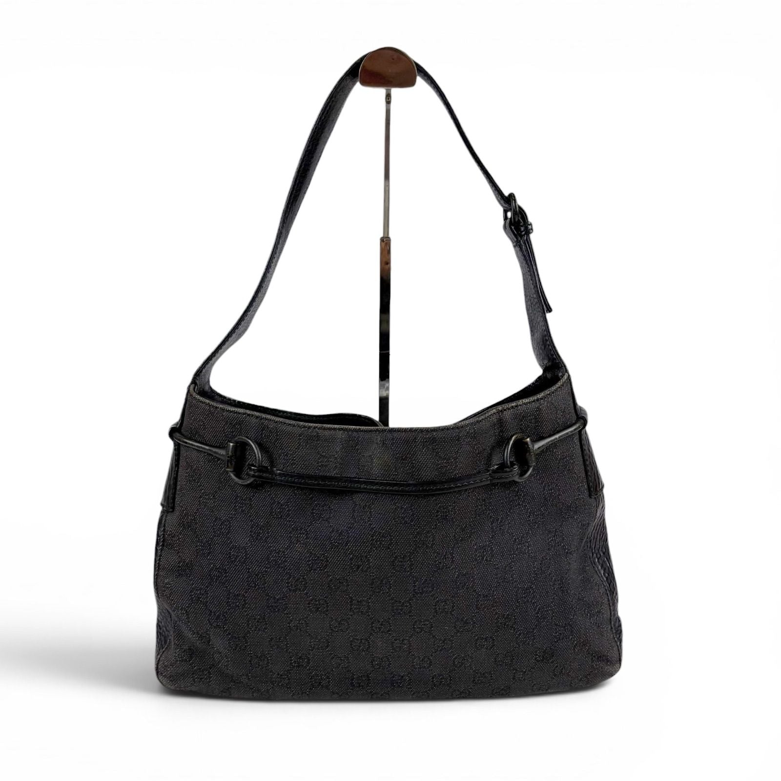 Gucci Horsebit GG Canvas Shoulder Bag Hobo Leather Black — view 2