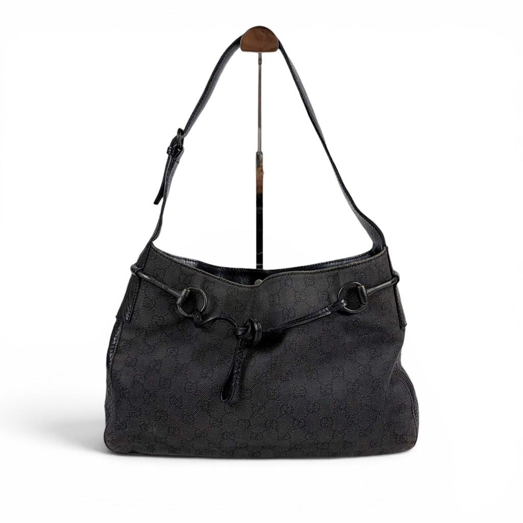 Gucci Horsebit GG Canvas Shoulder Bag Hobo Leather Black