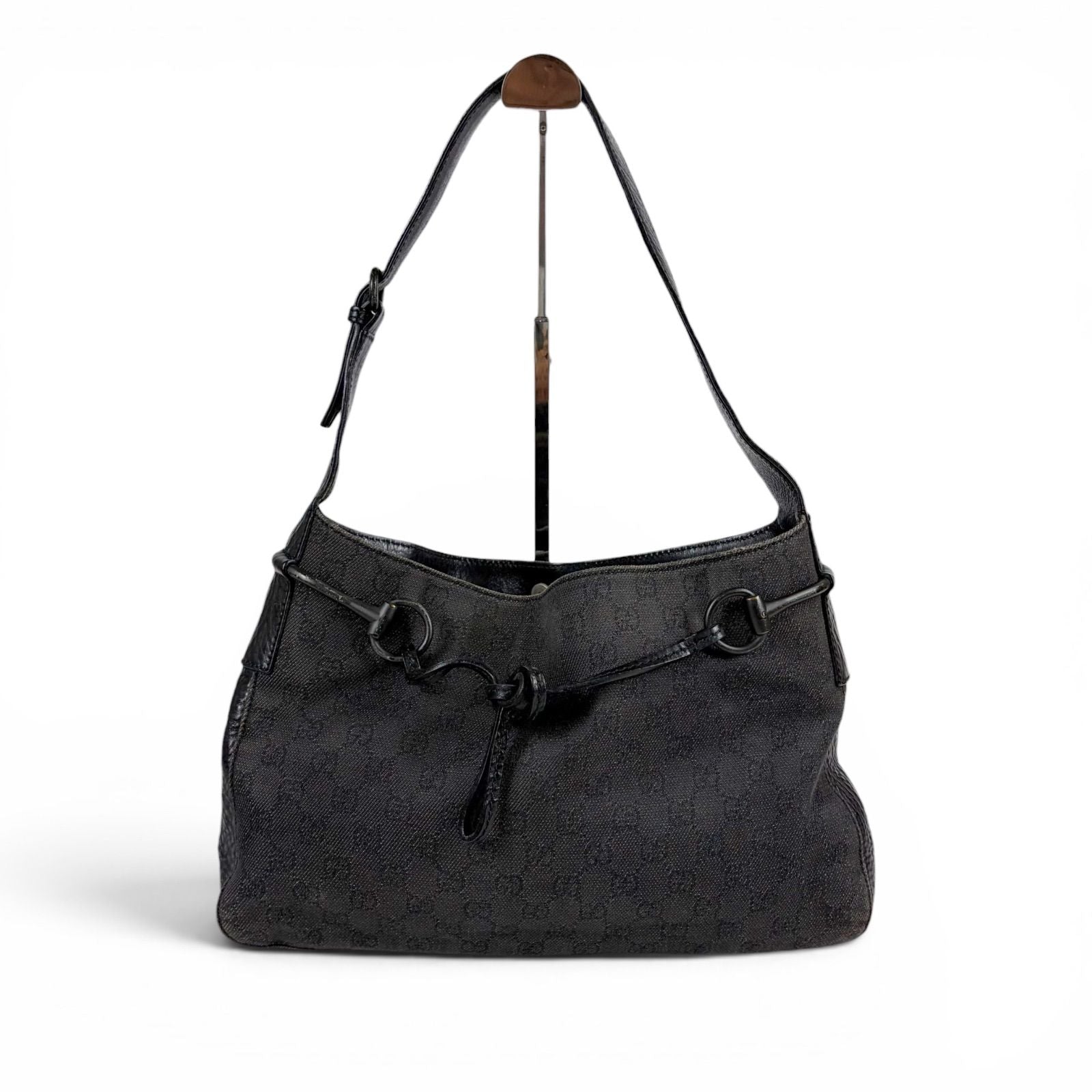 Gucci Horsebit GG Canvas Shoulder Bag Hobo Leather Black
