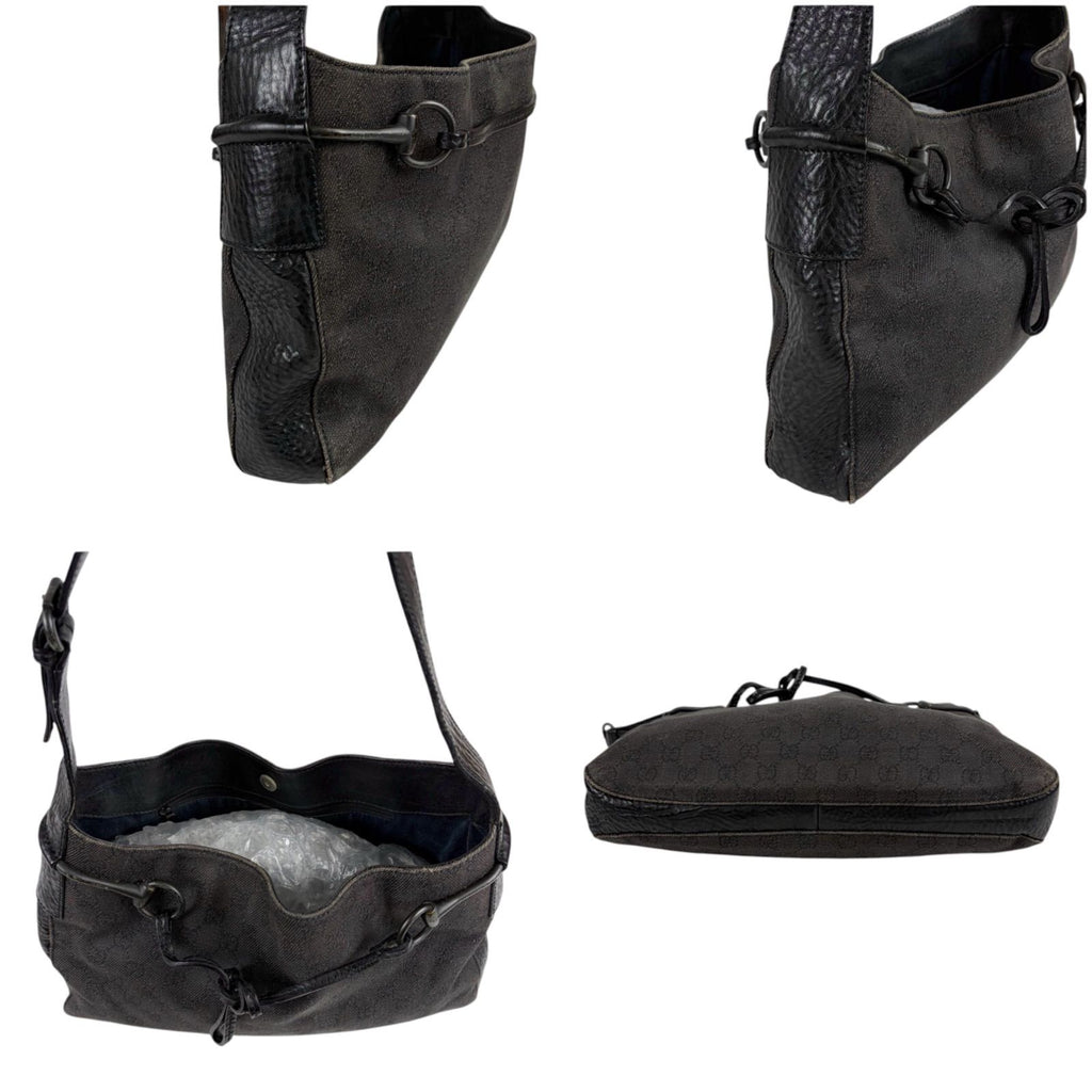 Gucci Horsebit GG Canvas Shoulder Bag Hobo Leather Black — view 3