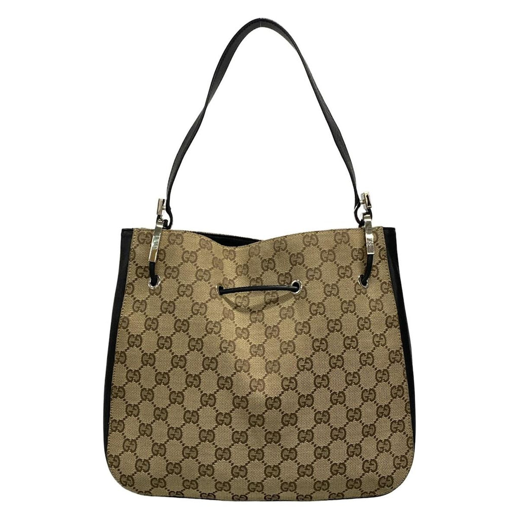 Gucci Shoulder Bag GG Pattern Beige Black Leather