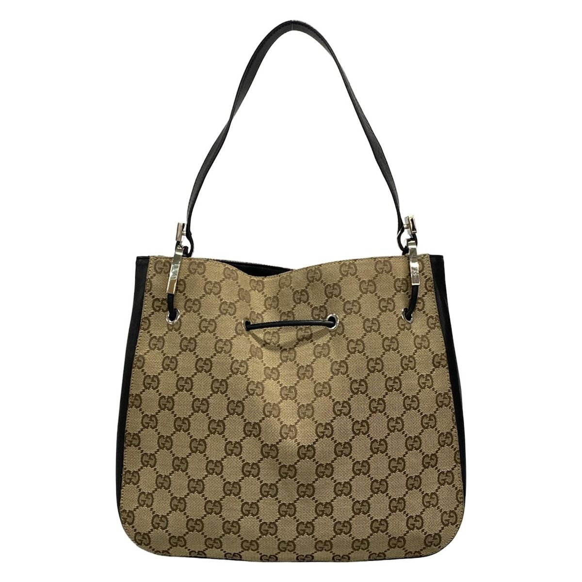 Gucci Shoulder Bag GG Pattern Beige Black Leather