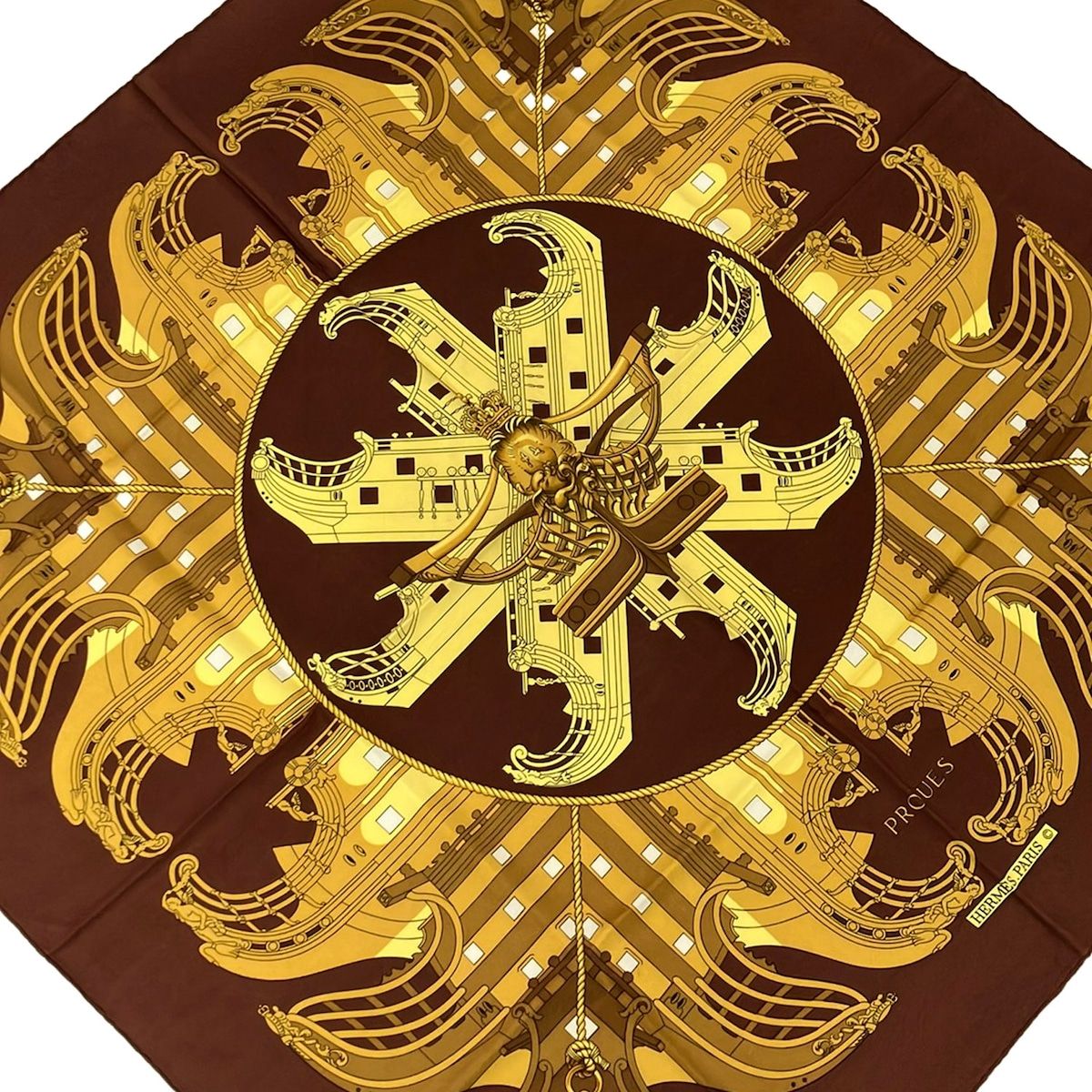 Hermes Scarf Carre 90 Brown Yellow Proues