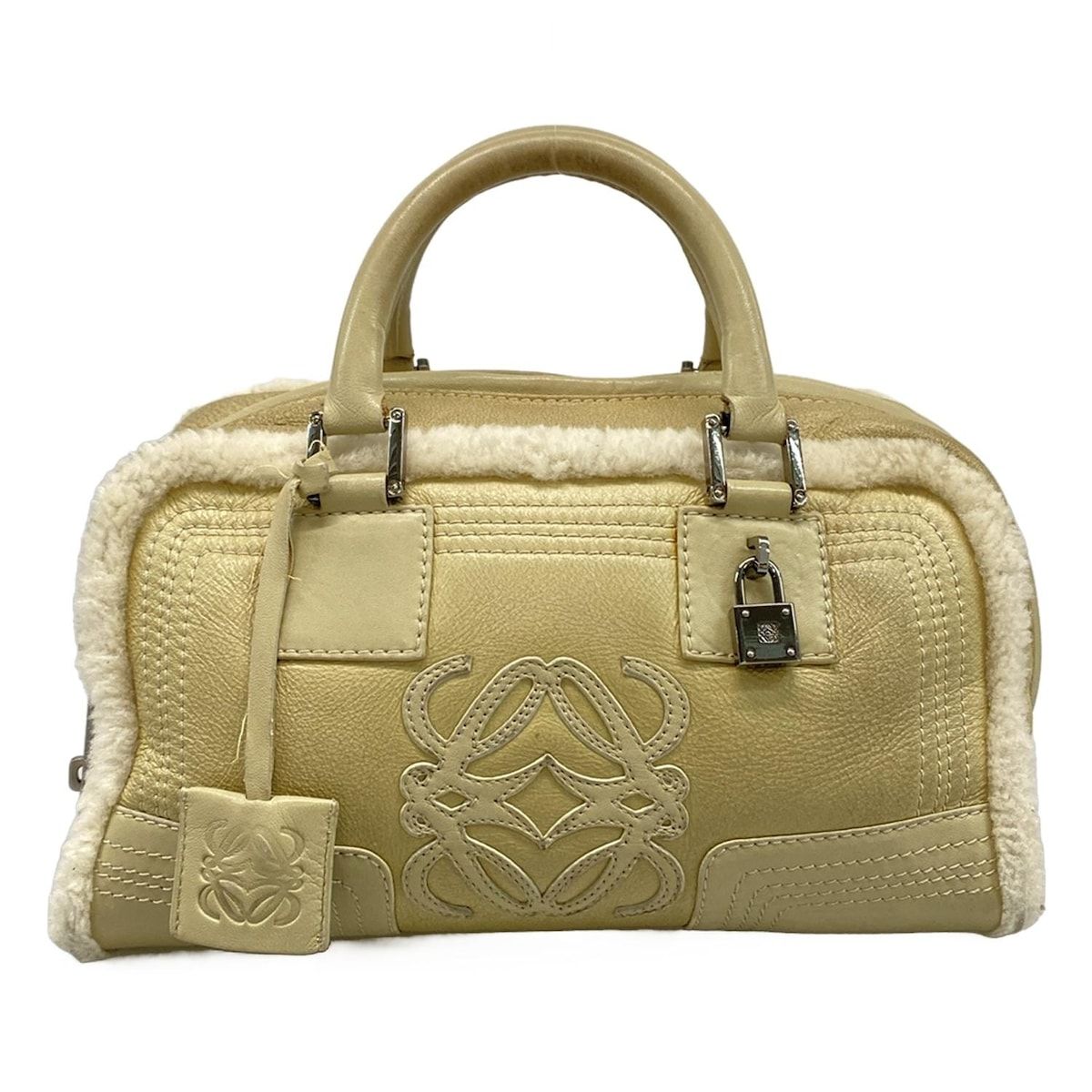 Loewe Handbag Amazona Gray Beige Ivory Pouch Shearling