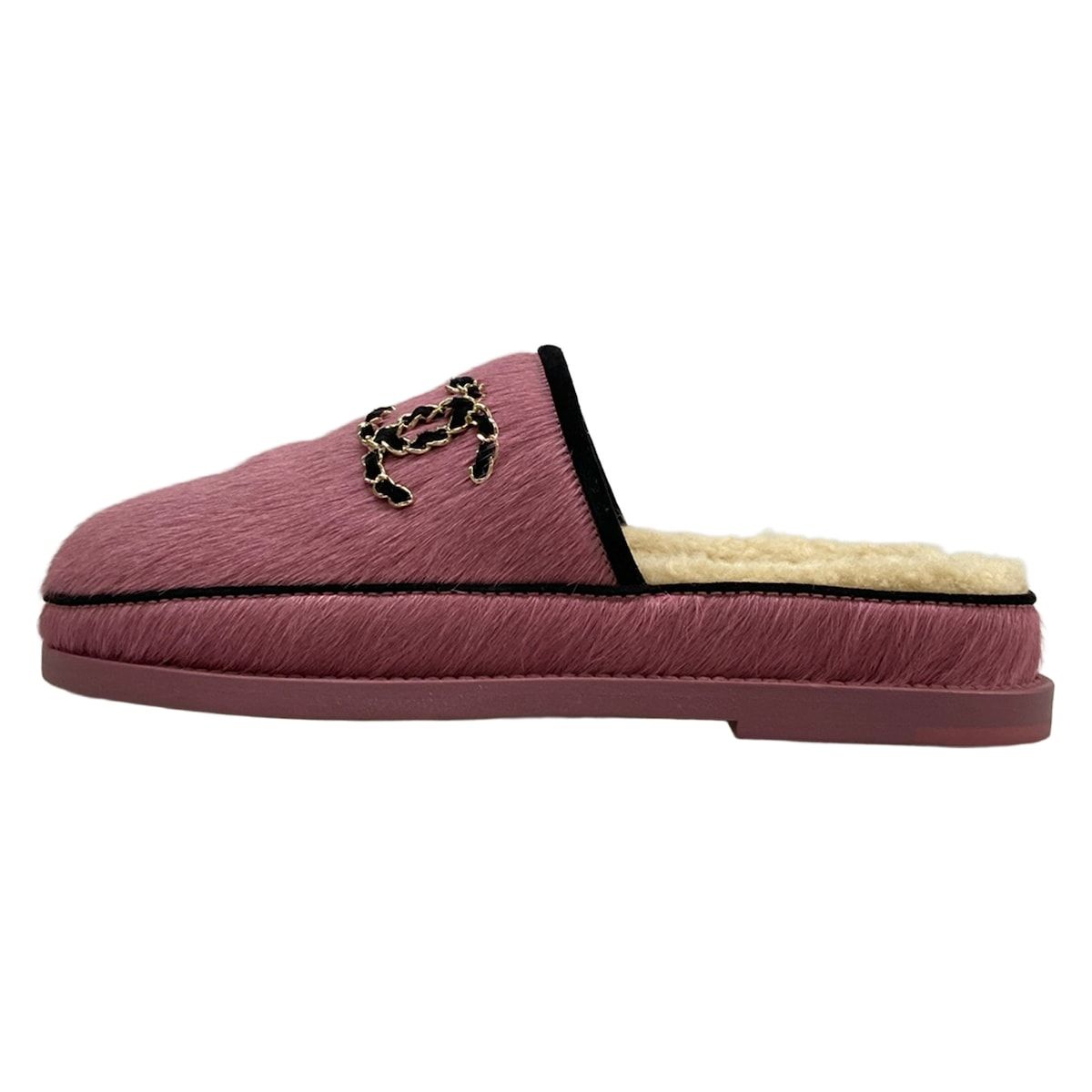 Chanel Sandals 37 C Pink Black 37c Slippers CC Logo Shearling