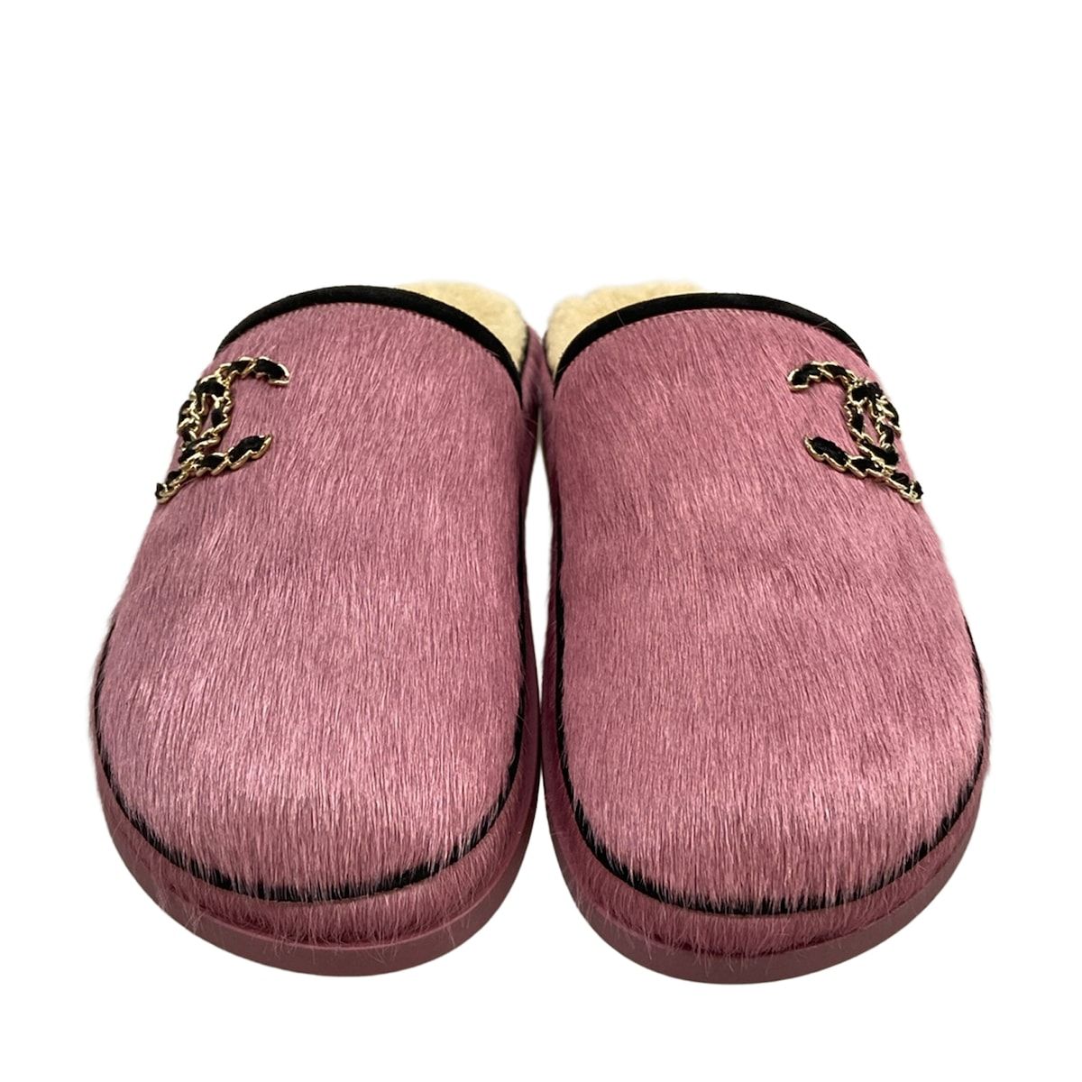 Chanel Sandals 37 C Pink Black 37c Slippers CC Logo Shearling — view 5