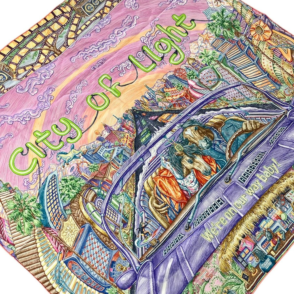 Hermes Scarf Carre 90 White Purple Multi City of