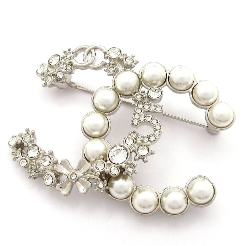 Chanel Brooch CC Logo Silver Clear