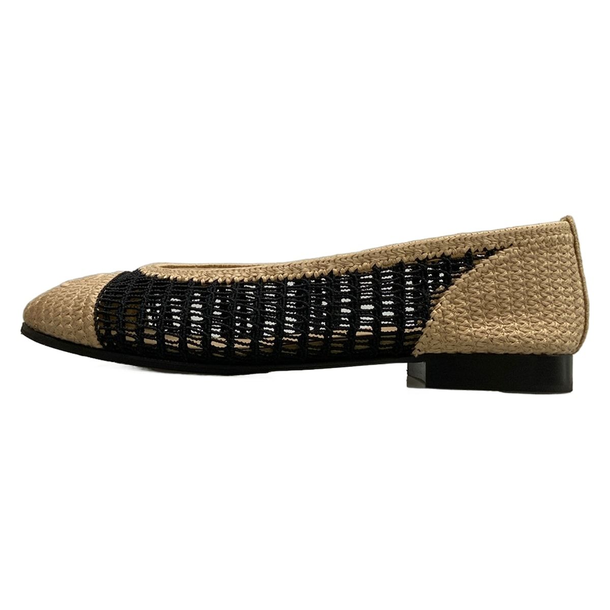 Chanel Flat Shoes 38 C Black Beige CC Logo