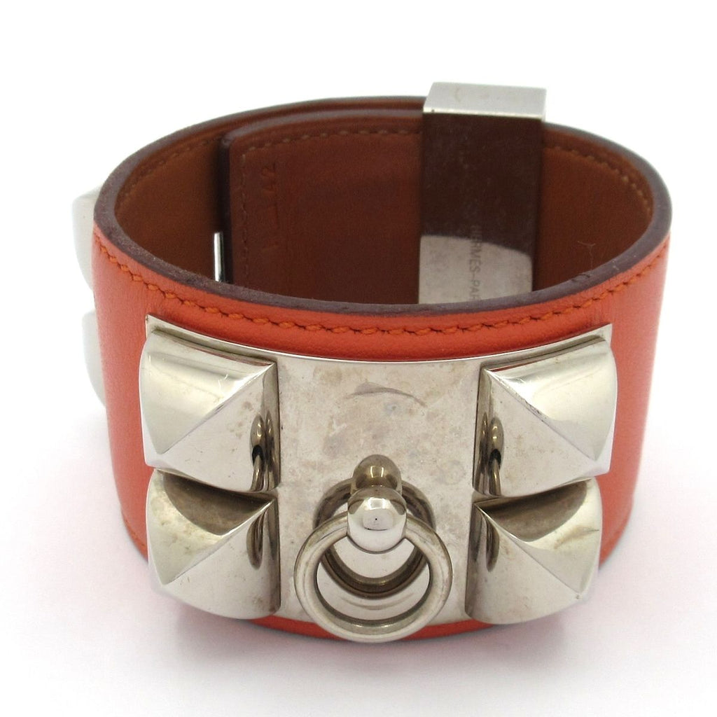 Hermes Bracelet Medallion Collier de Chien Leather Orange Silver Studs
