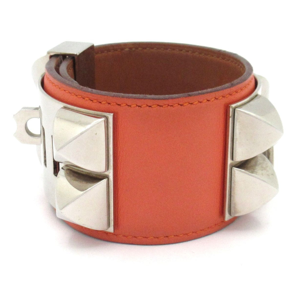 Hermes Bracelet Medallion Collier de Chien Leather Orange Silver Studs — view 6