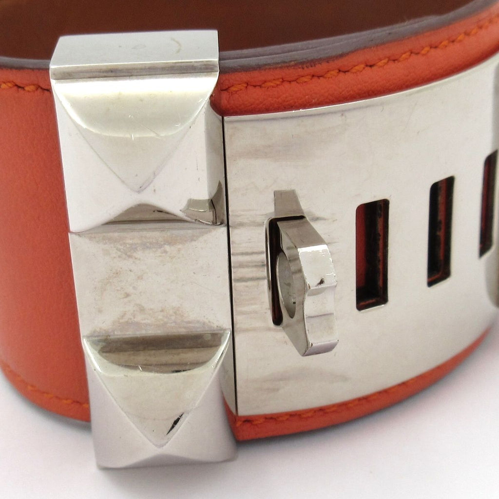 Hermes Bracelet Medallion Collier de Chien Leather Orange Silver Studs — view 4