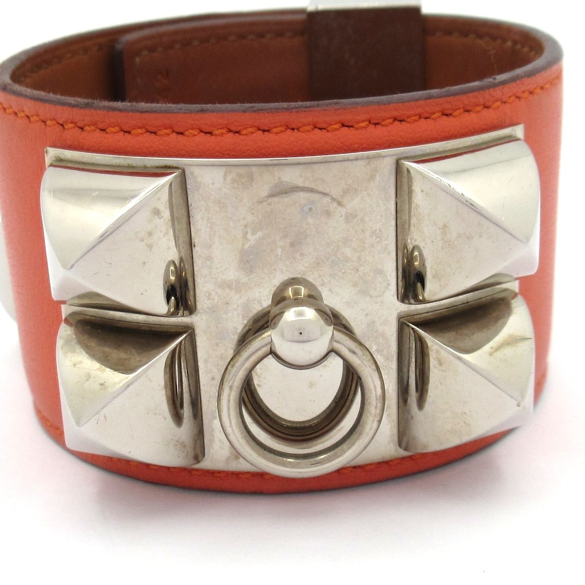 Hermes Bracelet Medallion Collier de Chien Leather Orange Silver Studs — view 2