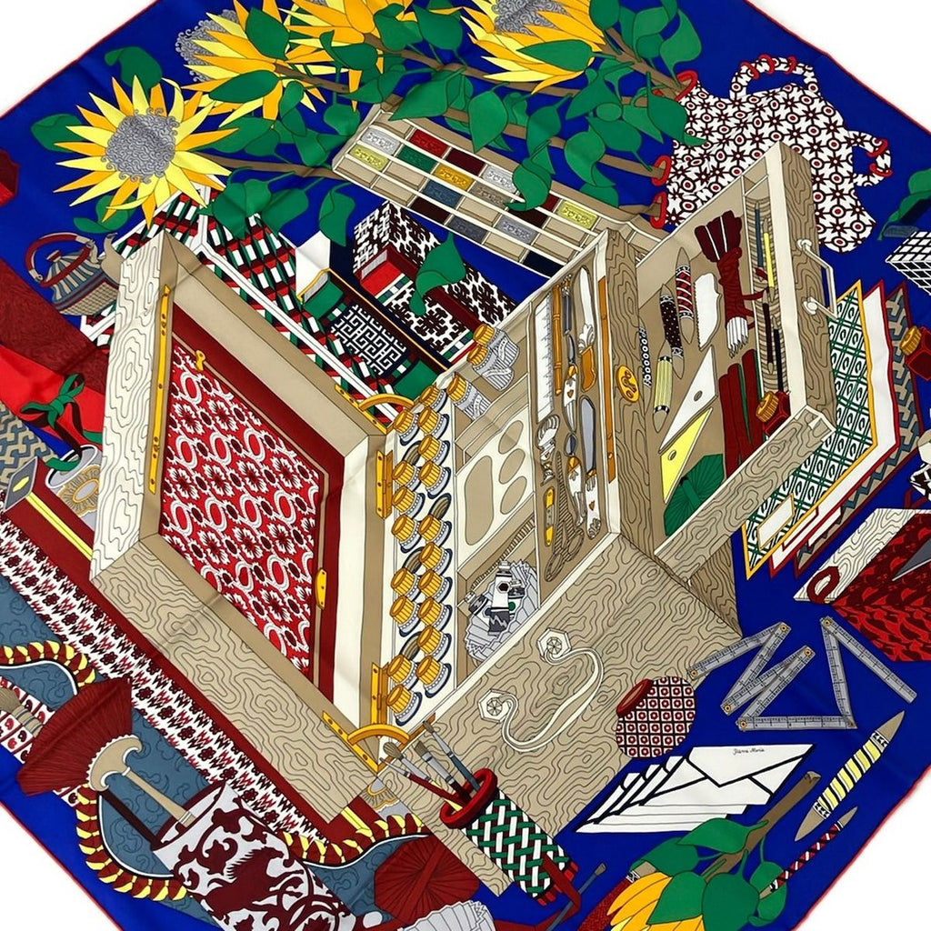 Hermes Scarf Carre 90 Blue Multi les Tresors D'un Artiste Silk