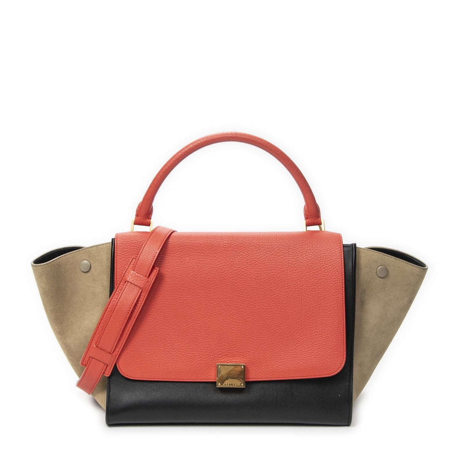 Celine Midi Trapeze Red Beige Black Calfskin Leather Messenger
