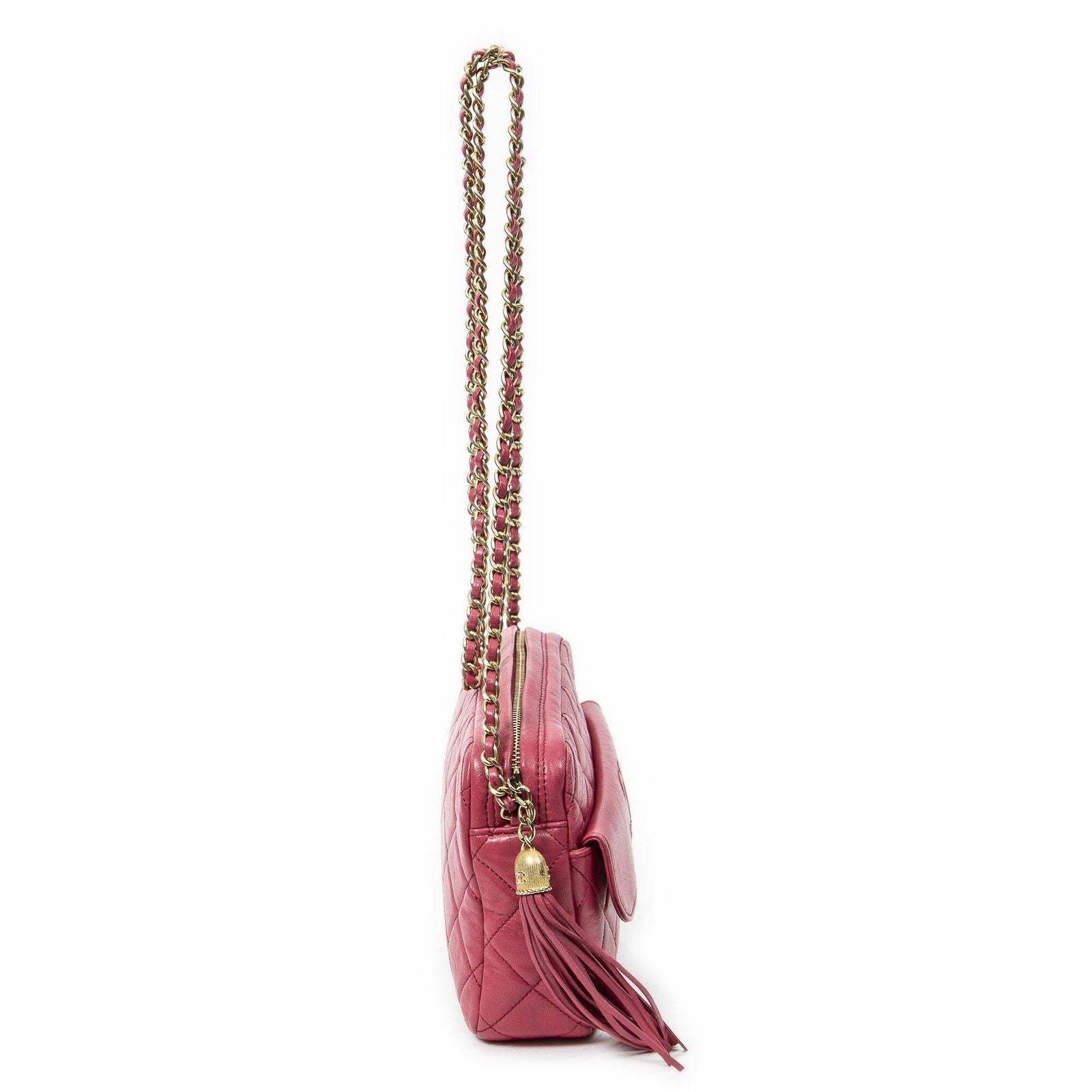 Chanel CC Logo Fringe Chain Shoulder Fuchsia Pink Quilted Lambskin Leather — view 4