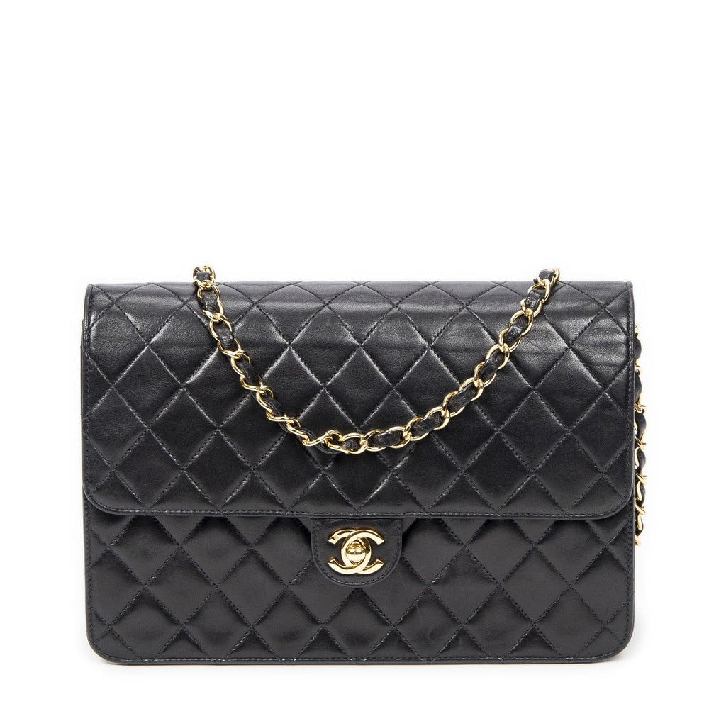 Chanel Vintage Pushlock Straight Flap Black Quilted Lambskin Leather