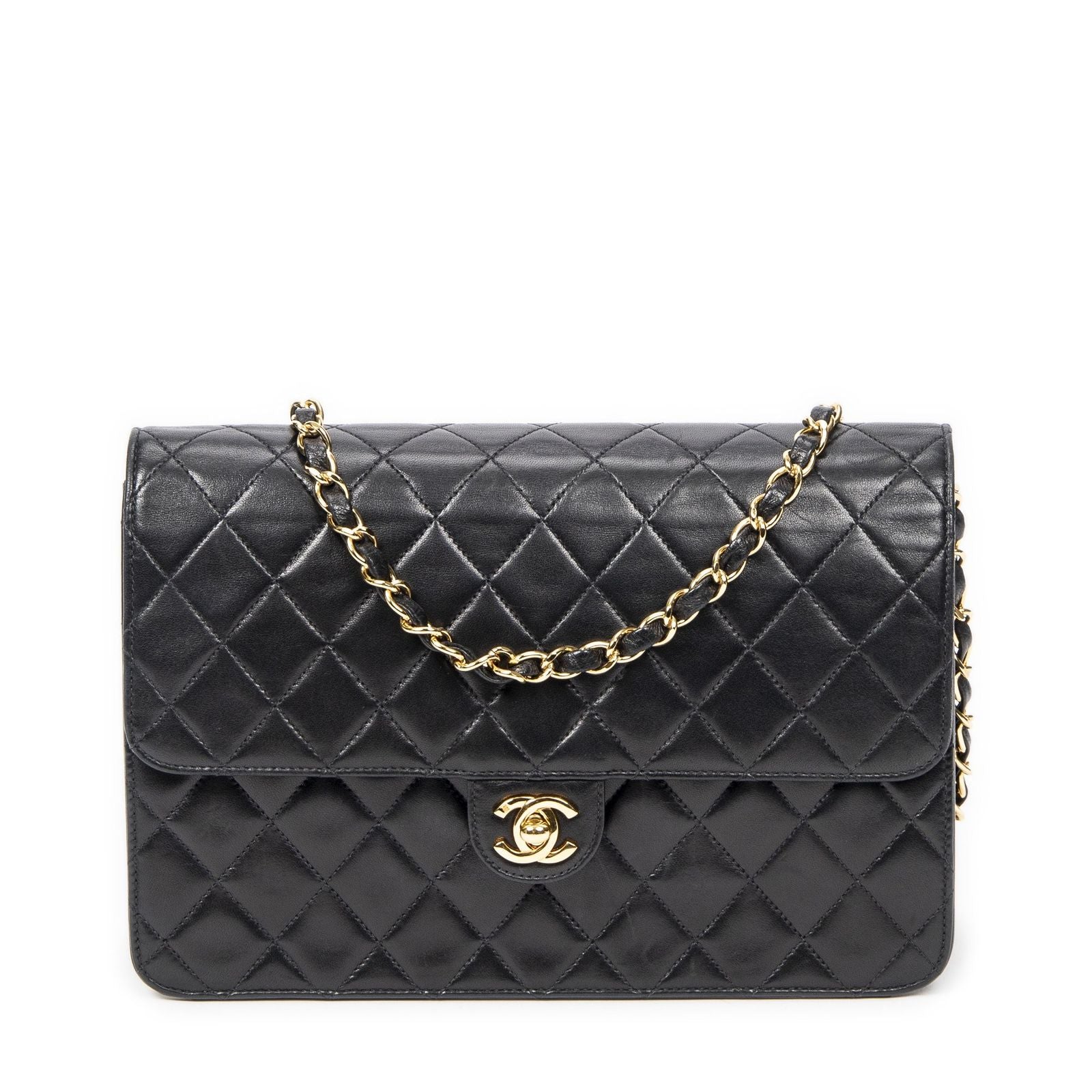 Chanel Vintage Pushlock Straight Flap Black Quilted Lambskin Leather