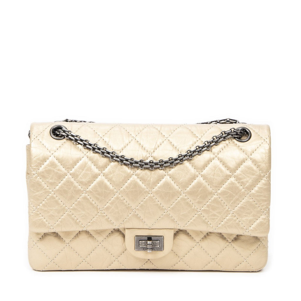 Chanel Large 2.55 Laish Gold Quilted Distressed Caviar Leather Handbag