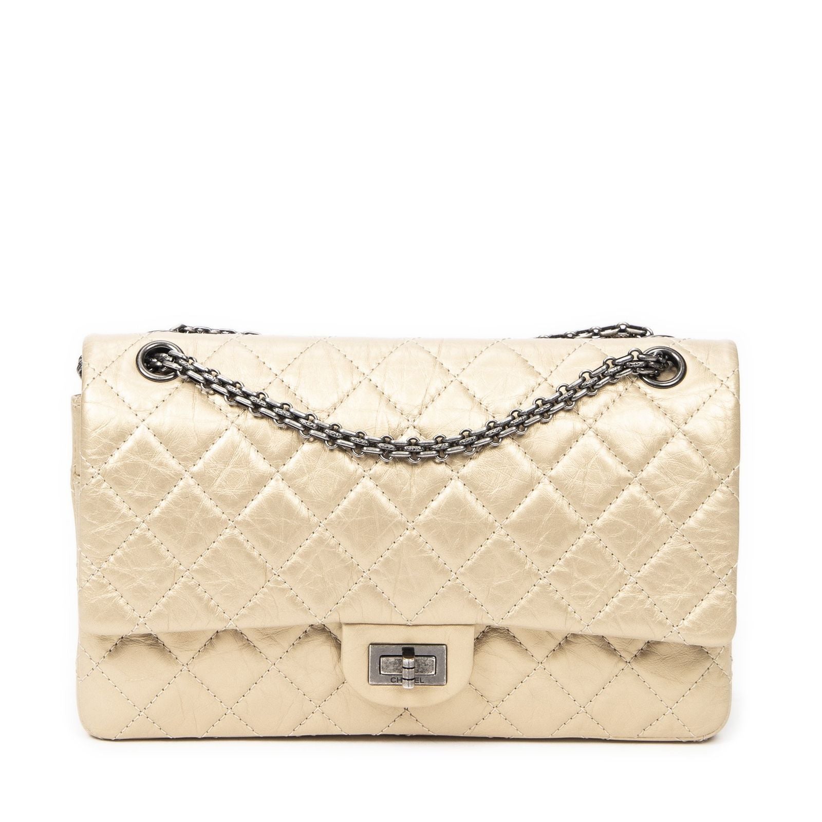 Chanel Large 2.55 Laish Gold Quilted Distressed Caviar Leather Handbag