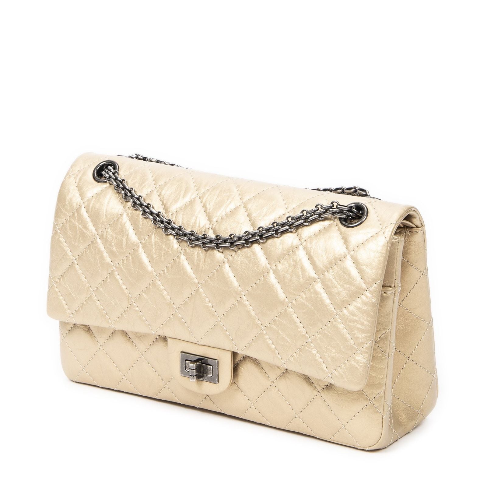Chanel Large 2.55 Laish Gold Quilted Distressed Caviar Leather Handbag — view 2