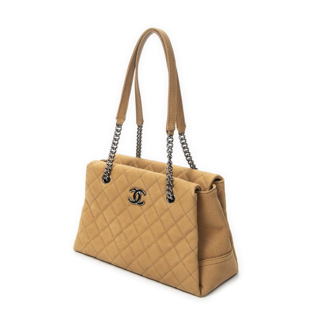 Chanel Pearly Shopping Tote Tan Quilted Caviar Leather — view 2