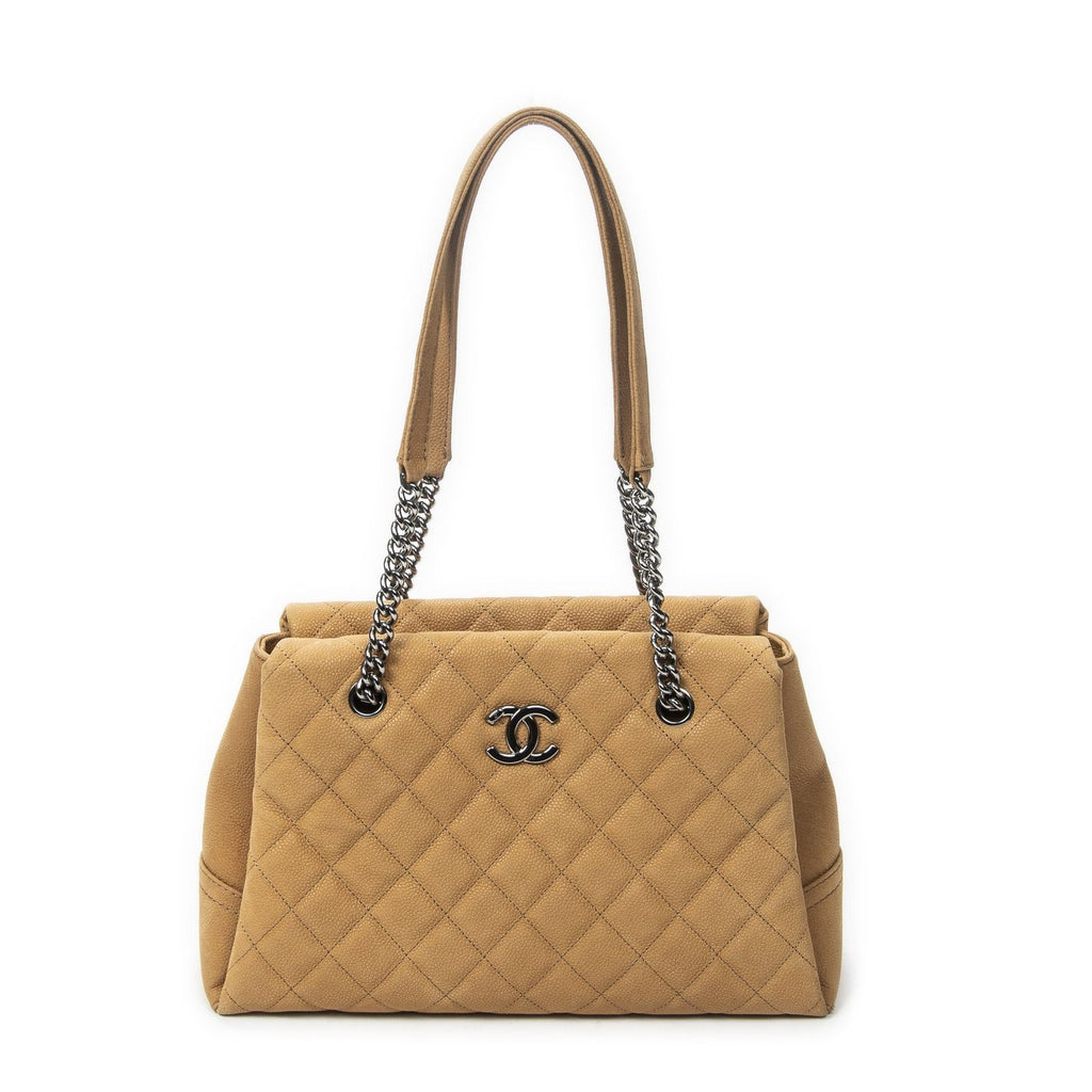 Chanel Pearly Shopping Tote Tan Quilted Caviar Leather