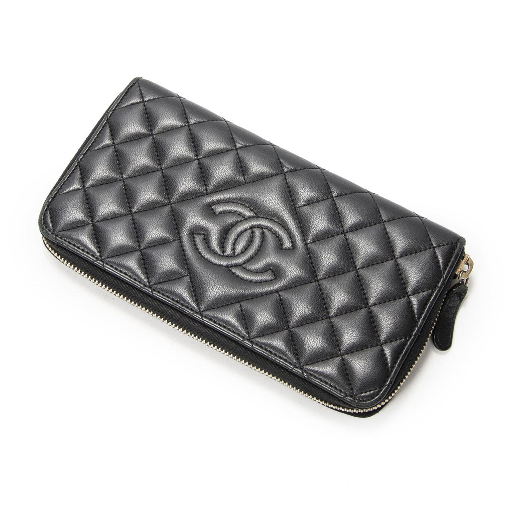 Chanel Zip Around Wallet Black Quilted Lambskin Leather