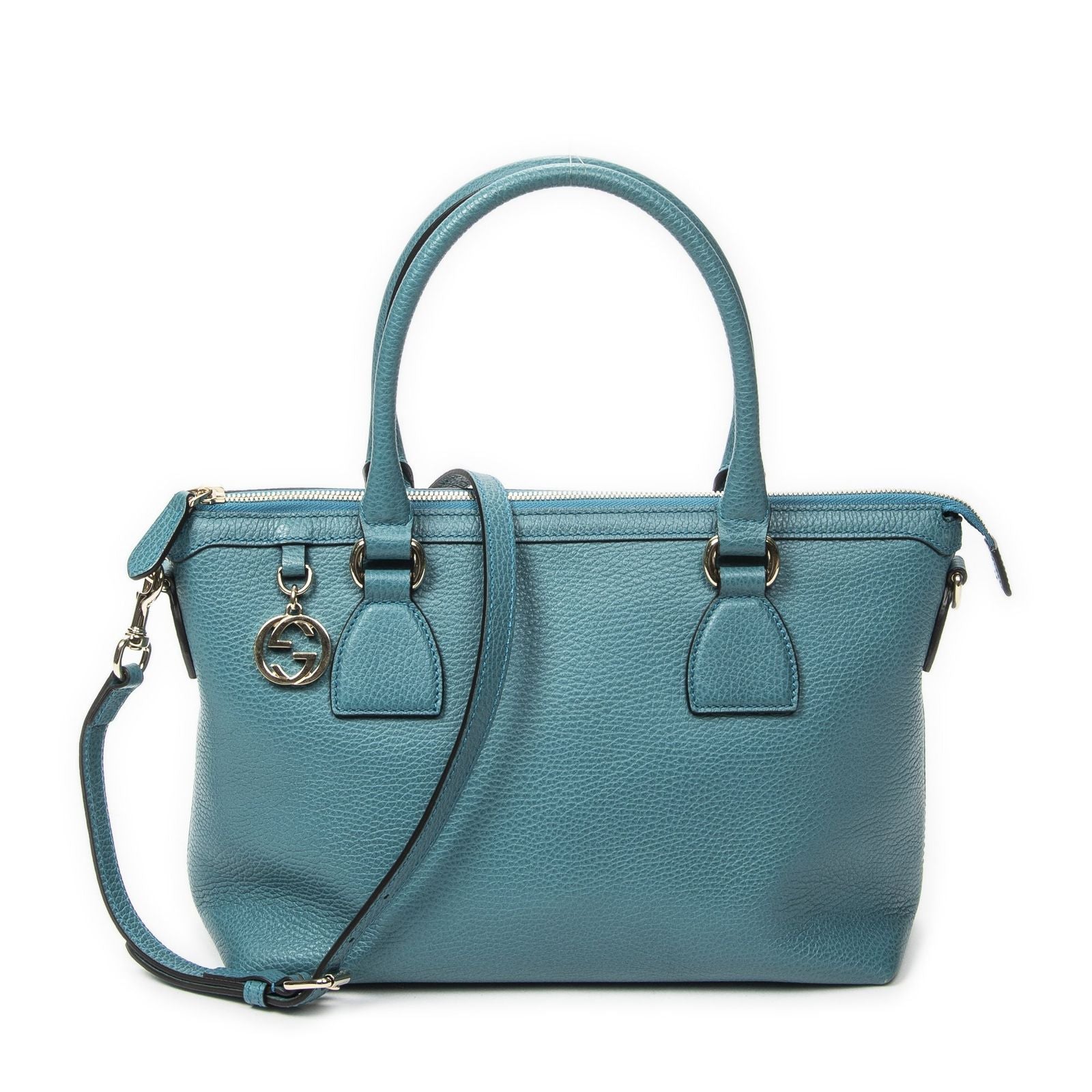 Gucci Convertible Zip Tote Teal Gray Calfskin Leather