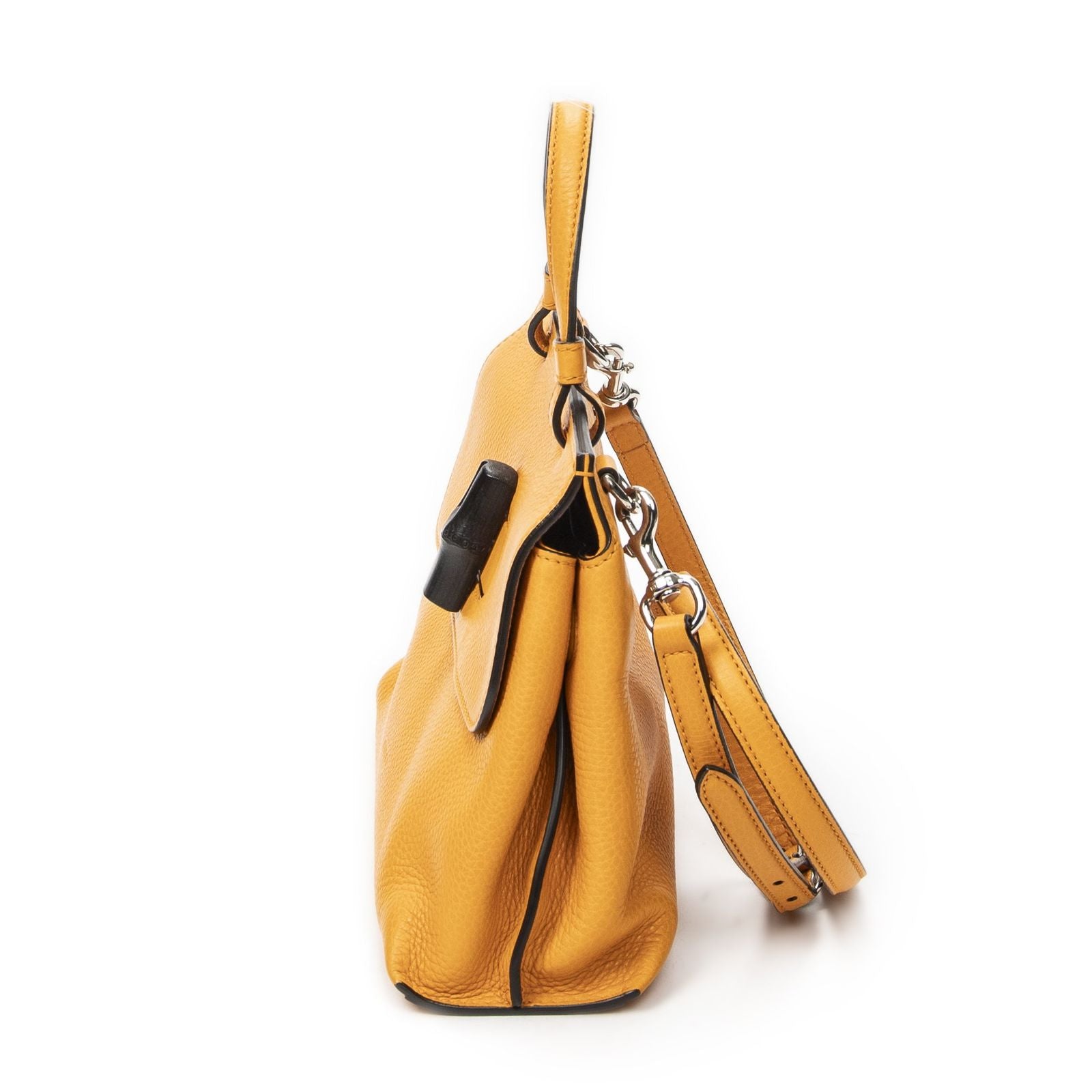 Gucci Small Bamboo Top Handle Flap Mustard Yellow Gray Calfskin Leather — view 3