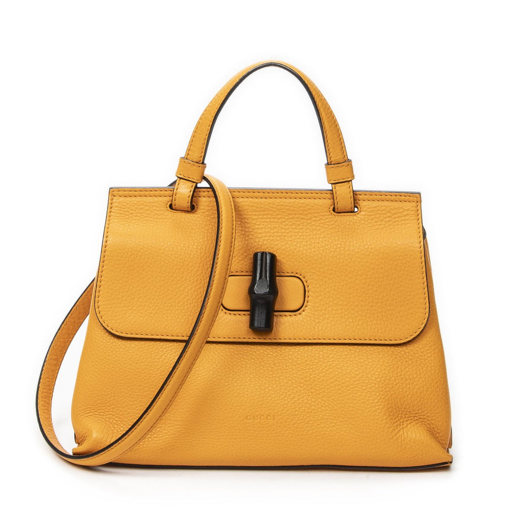 Gucci Small Bamboo Top Handle Flap Mustard Yellow Gray Calfskin Leather
