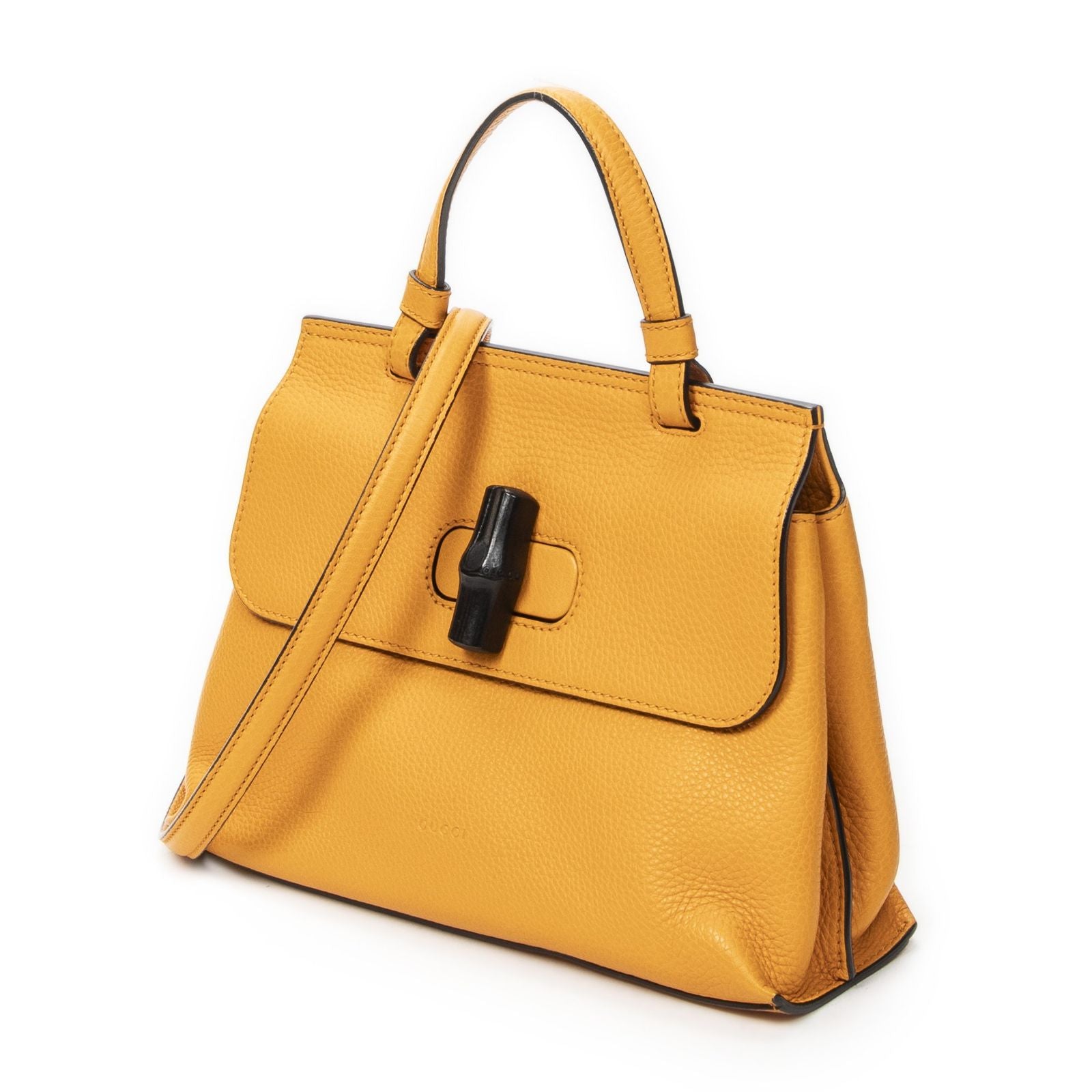 Gucci Small Bamboo Top Handle Flap Mustard Yellow Gray Calfskin Leather — view 2