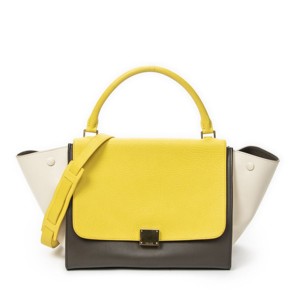 Celine Midi Trapeze Yellow Beige Calfskin Leather Messenger