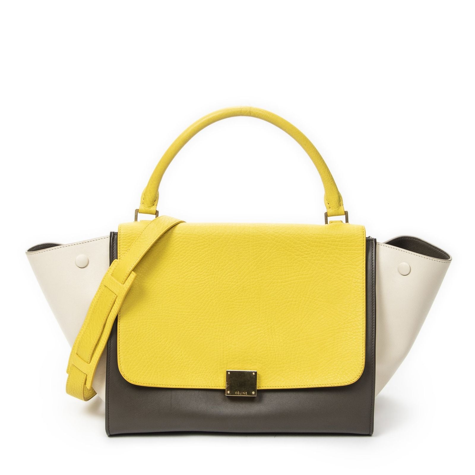 Celine Midi Trapeze Yellow Beige Calfskin Leather Messenger