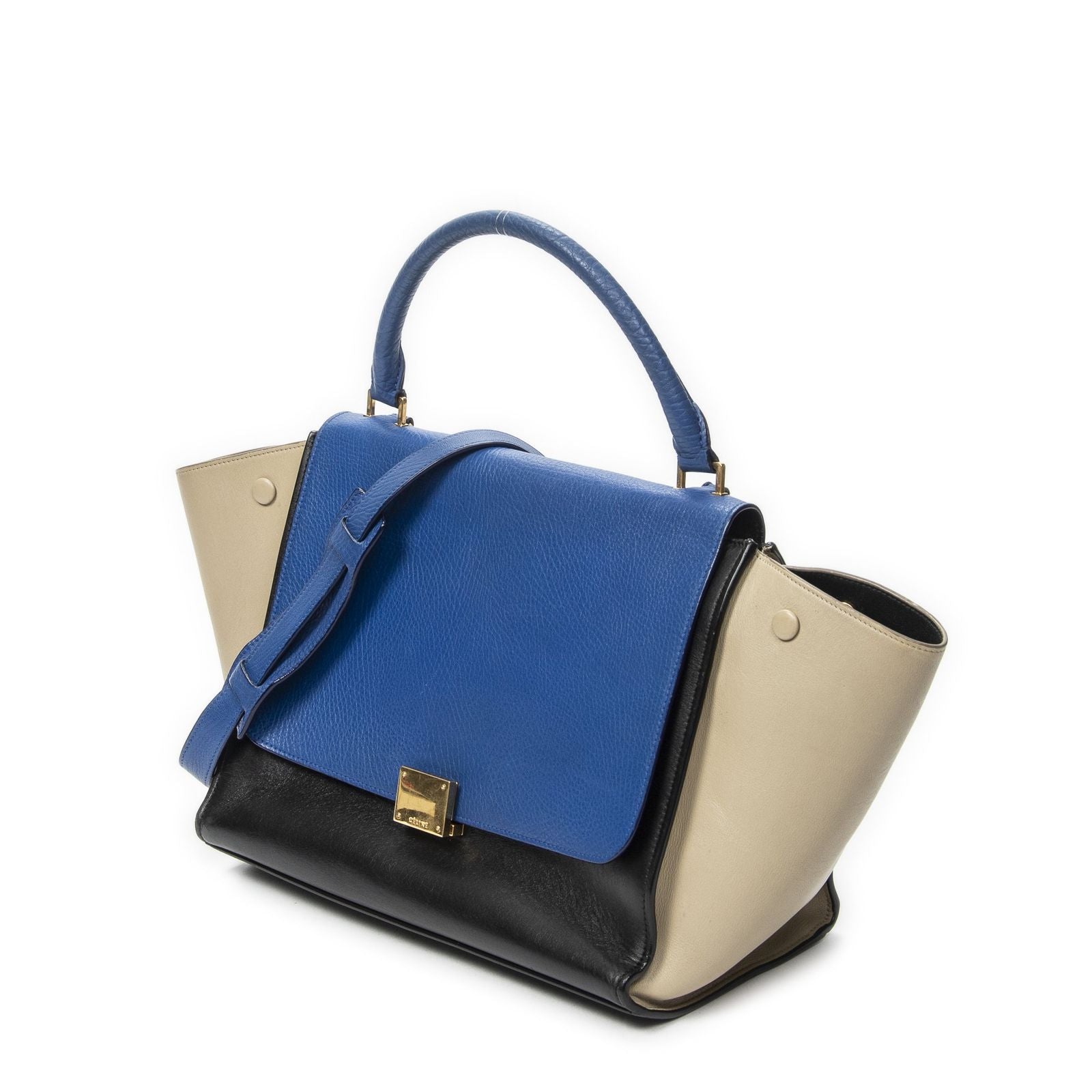 Celine Midi Trapeze Blue Black Beige Calfskin Leather Messenger — view 2