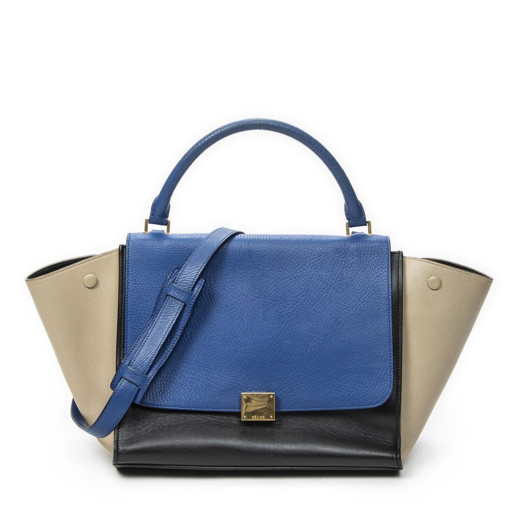 Celine Midi Trapeze Blue Black Beige Calfskin Leather Messenger