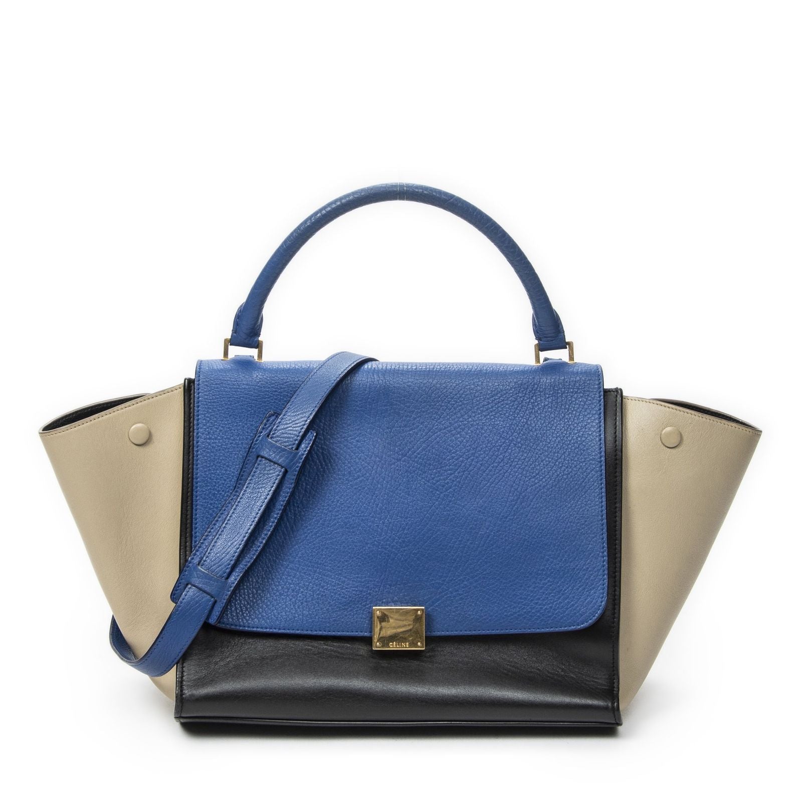 Celine Midi Trapeze Blue Black Beige Calfskin Leather Messenger