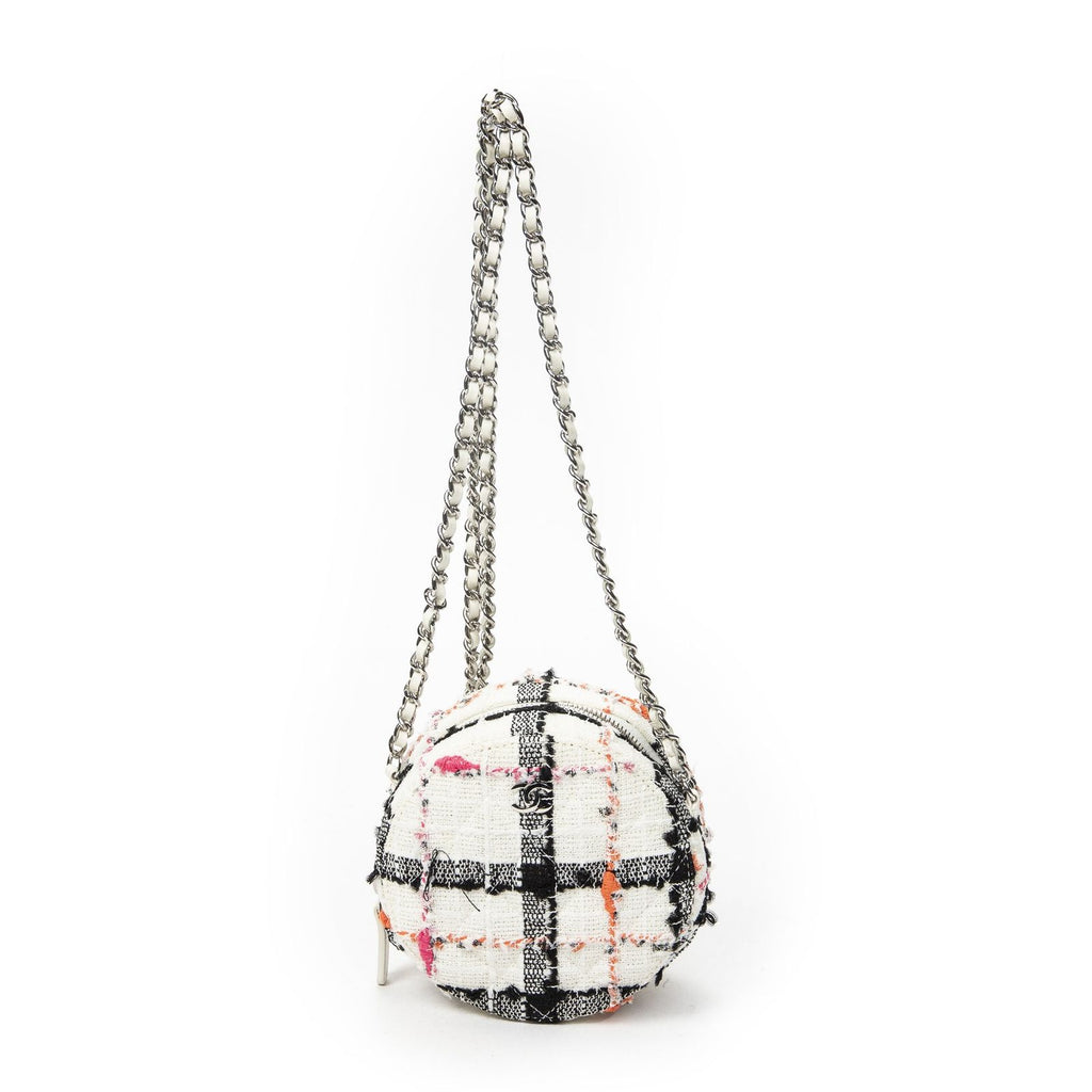 Chanel Mini CC Round Chain Crossbody White Black Pink Quilted Tweed