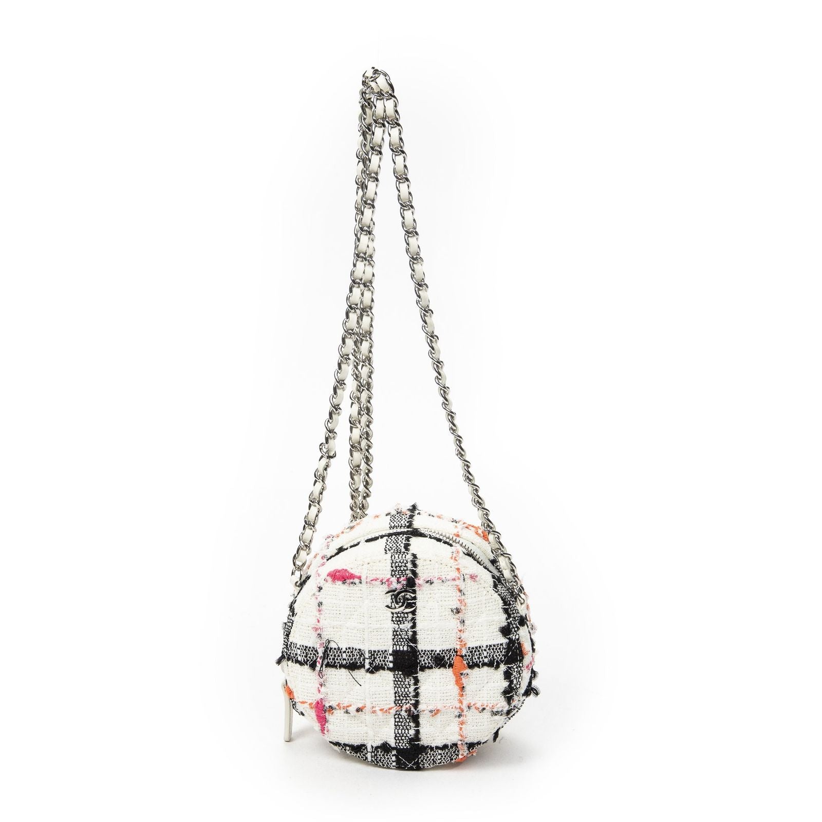 Chanel Mini CC Round Chain Crossbody White Black Pink Quilted Tweed