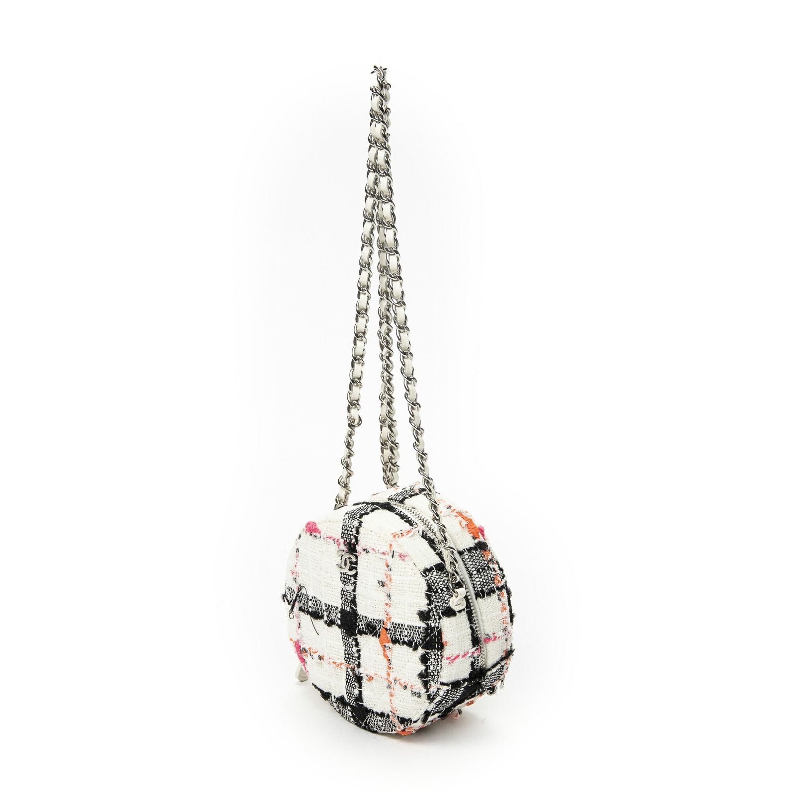 Chanel Mini CC Round Chain Crossbody White Black Pink Quilted Tweed — view 2