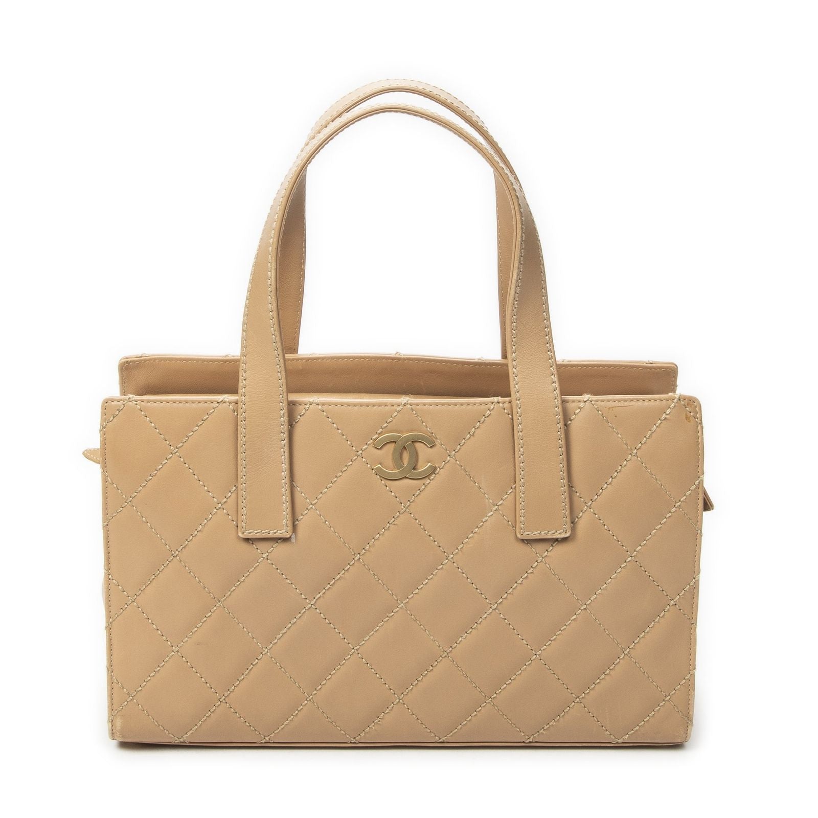 Chanel CC Wild Stitch Boston Tote Beige Quilted Lambskin Leather