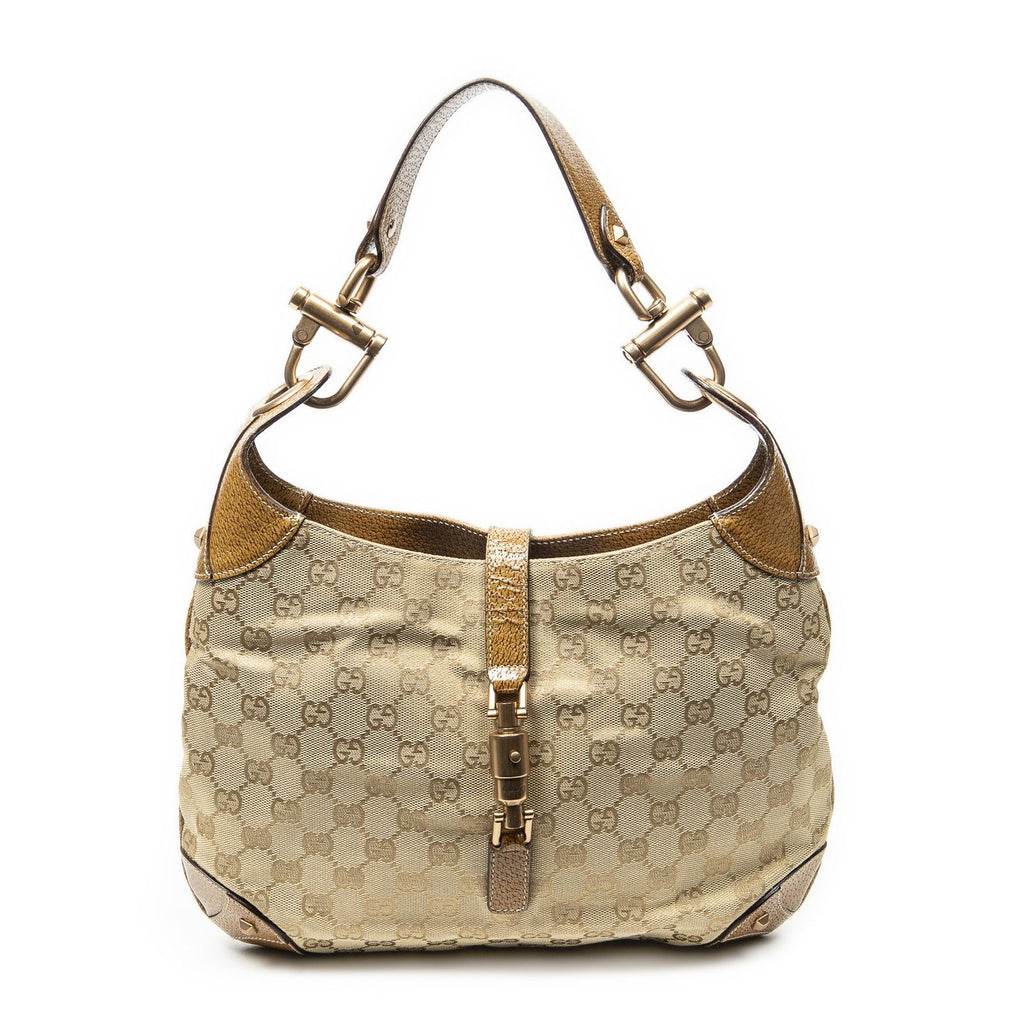 Gucci Nailhead Jackie Tan Beige GG Canvas Messenger