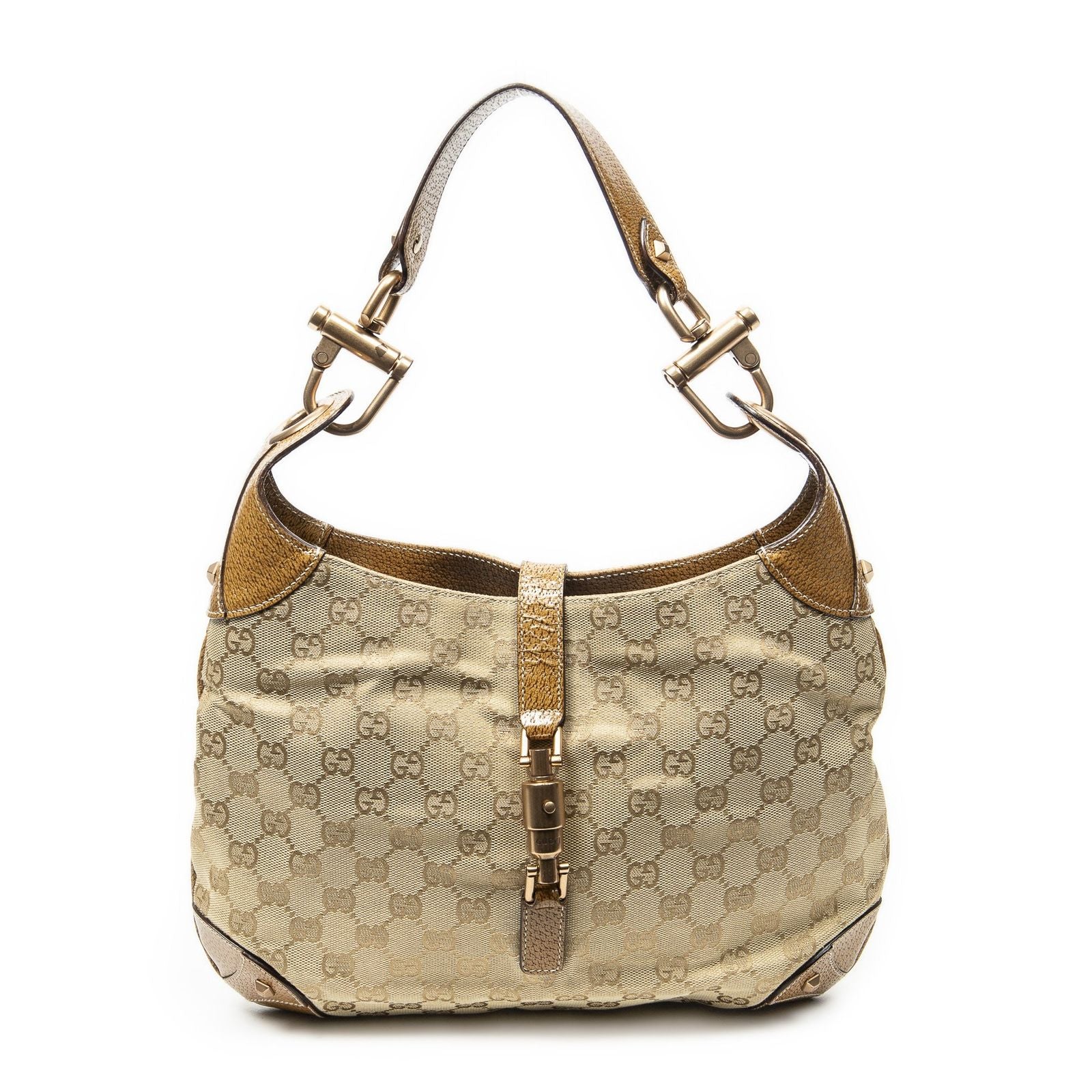 Gucci Nailhead Jackie Tan Beige GG Canvas Messenger
